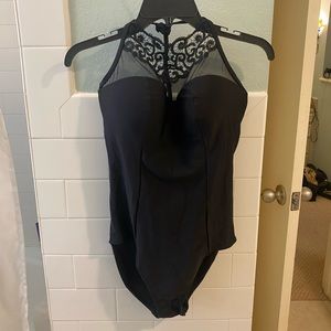 NWOT Panache Black Molded Underwire High Neck Halter Swimsuit size 32E small